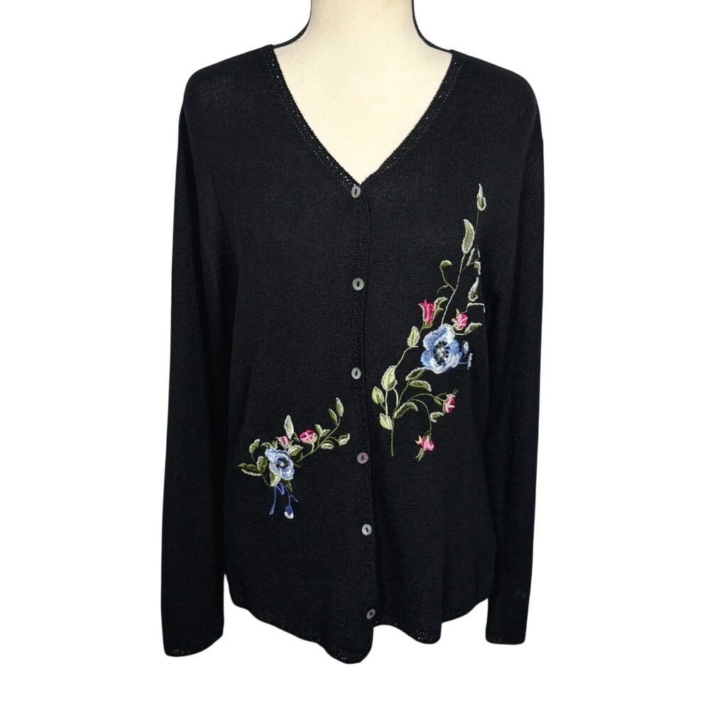 Carole Little Y2K Floral Embroidered Knit Cardigan Sweater Cottagecore Spring XL